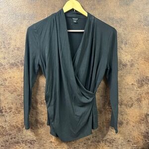 Ann Taylor Wool Blend Black Cross Over Women's Large Top Long Sleeve Blouse